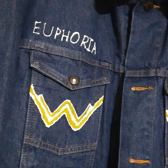 Vintage wrangler Blue Denim Jacket custom painted Y2K thick street wear XXL/TTG - Picture 3 of 8